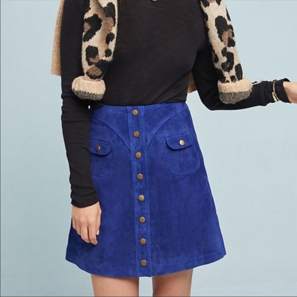 ANTHROPOLOGIE Blue Suede Skirt 6 $199 - Picture 1 of 4